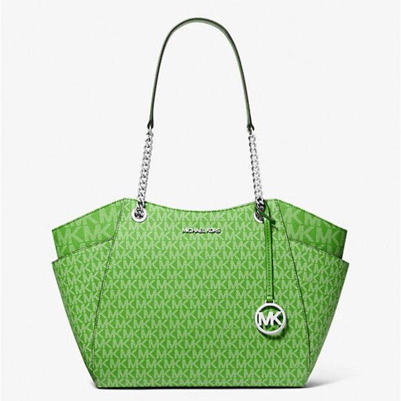 New Michael Kors Jet Set Large Logo Shoulder Bag Jungle Green - Picture 1 of 4
